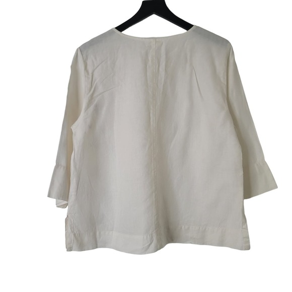 Kleen Linen Tunic Top S Cream Button Up Lagenlook Collarless Embroidery Minimal - Picture 3 of 8